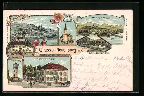 Lithographie Neuenburg a. R., Bierbrauerei Müller, Wasserthurm, Rathaus
