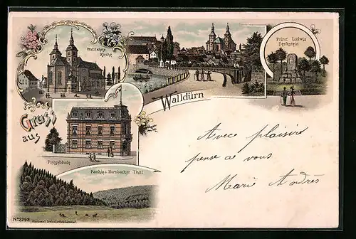 Lithographie Walldürn, Wallfahrts-Kirche, Post, Prinz Ludwig Denkstein
