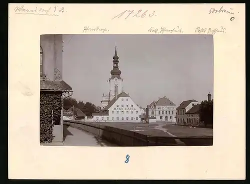 Fotografie Brück & Sohn Meissen, Ansicht Warnsdorf / Böhmen, Hotel Börse, Pfarrkirche & Gasthaus