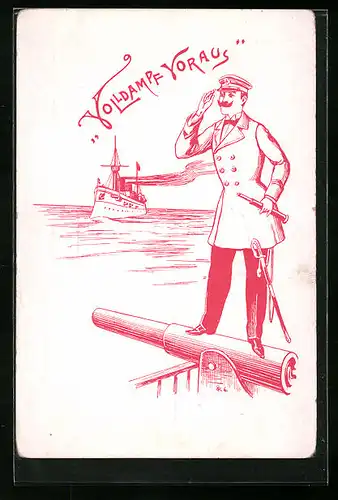 Künstler-AK Volldampf Voraus, Kapitän eines Kriegsschiff sichtet ein feindliches Schiff