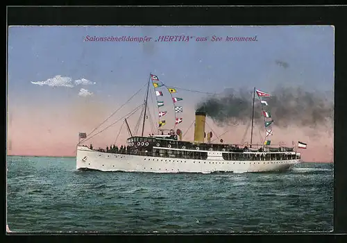AK Salondampfer Hertha in Flaggengala aus See kommend