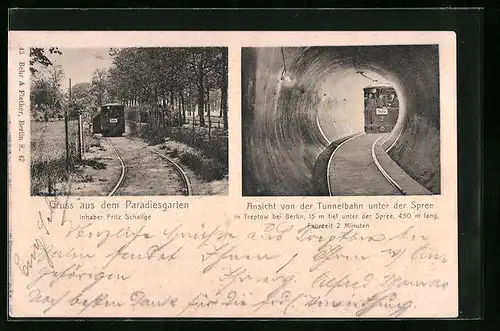 AK Berlin-Treptow, Gasthaus Paradiesgarten, Ansicht der Tunnelbahn unter der Spree