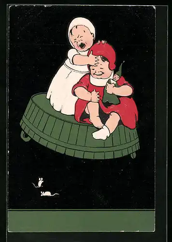Künstler-AK Zwei Kinder und zwei kleine Mäuschen