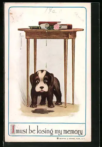 Künstler-AK Kleiner Hund unter Tisch mit umgekippter Vase