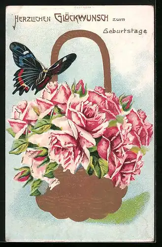 Künstler-AK Schmetterling an einem Rosenkorb - Geburtstagsgruss