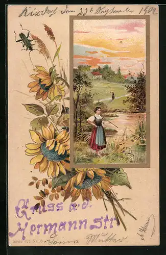 Künstler-AK Landarbeiterinnen auf einer Feldstrasse, Sonnenblumenstrauss mit grünem Käfer