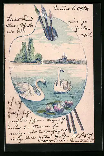 Künstler-AK Zwei Schwäne auf einem See mit Stadtpanorama