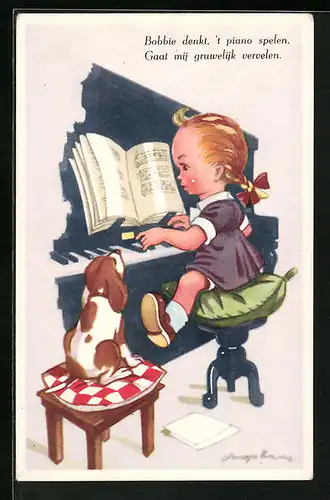 Künstler-AK Kleines Mädchen übt am Flügel - Kleiner Beagle hört andächtig zu