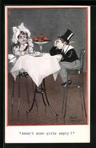 Künstler-AK Fred Spurgin: Aren`t some girls empty?, Pärchen am Tisch im Café