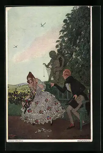 Künstler-AK Helmut Skarbina: Statue mit einer Glücksspinne und Paar