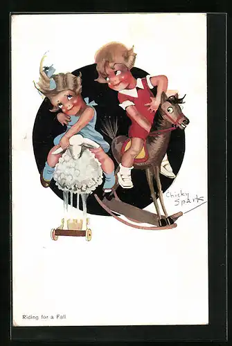 Künstler-AK Chicky Spark: Riding for a Fall, Kinderpaar mit Schaukelpferd