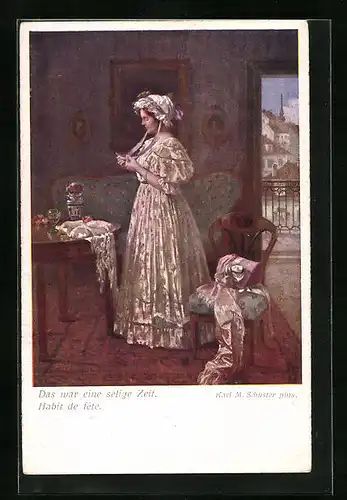 Künstler-AK Karl Maria Schuster: Das war eine selige Zeit, Frau im Kleid mit Haube