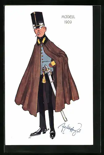Künstler-AK Fritz Schönpflug: Soldat mit Umhang und Zigarette, Modell 1909