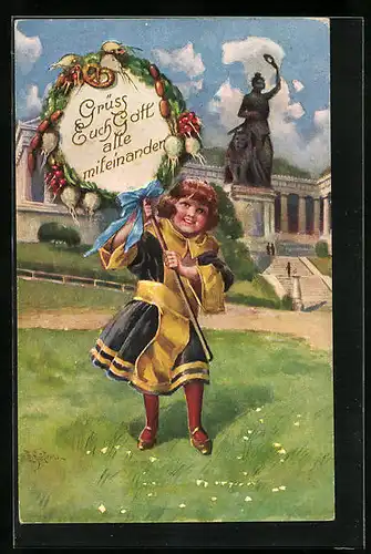 Künstler-AK Ernst Schlemo: München, Münchner Kindl mit Schild, Grüss Euch Gott alle miteinander