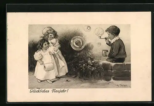 Künstler-AK Maxim Trübe: Kinder mit Seifenblasen - Neujahrsgruss