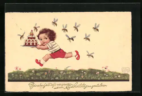 Künstler-AK John Wills: Rennendes Kind mit Kuchen und Wespenschwarm - Geburtstagsgruss