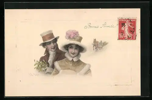 Künstler-AK Wichera: Fröhliches Paar im Schnee - Neujahrsgruss