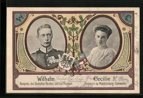 Künstler-AK Portraits Kronprinz Wilhelm von Preussen und Herzogin Cecilie, Eichenlaub, Wappen