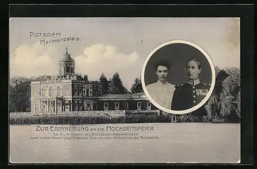 AK Potsdam, Marmorpalais, Montiertes Portrait des Kronprinzenpaares - Erinnerung an die Hochzeitsfeier