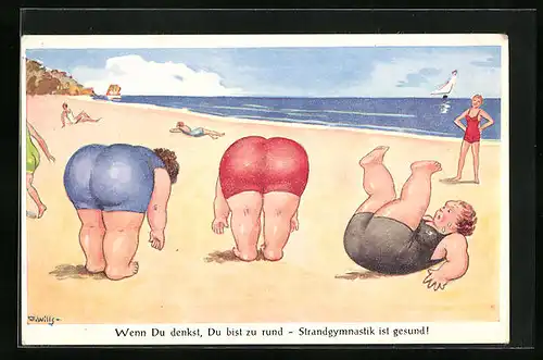 Künstler-AK John Wills: Dicke Damen bei der Gymnastik am Strand