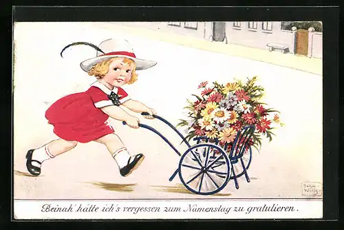 Künstler-AK John Wills: Kleines Mädchen mit Blumenkarren - Namenstagsgruss