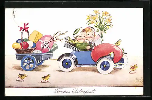 Künstler-AK John Wills: Kleine Autofahrer mit Ostereiern - Ostergruss