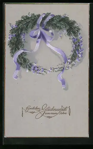 AK Neujahrsgruss mit Kranz und violetter Schleife