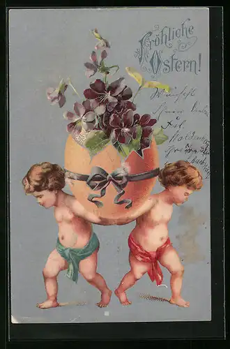 AK Osterei voller Blumen von Kindern getragen