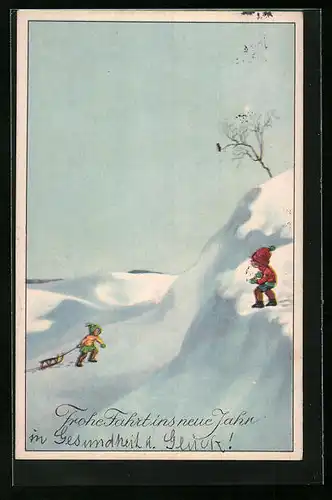 AK Kinder im Schnee beim Schlittenfahren, Neujahr