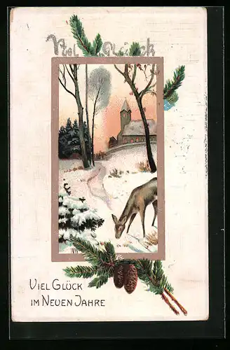 AK Reh äst vor Kirche im Winter, Neujahr