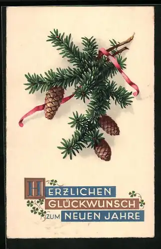 AK Neujahrsgruss mit Tannenzweig u. -zapfen