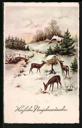 AK Rehe an Raufe im Winter, Neujahr