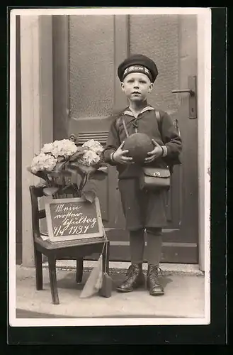 Foto-AK Knabe im Matrosenanzug beim Schulanfang 1934