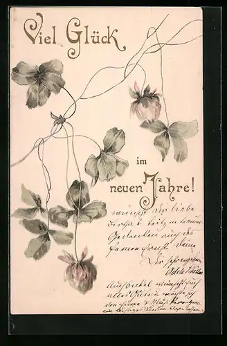 Präge-AK Kleeblätter mit Blüten