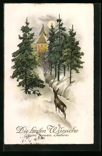 AK Reh erblickt Kirche im Winter, Neujahr