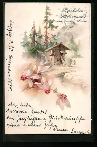 AK Neujahrsgruss mit Mühle und Blumen