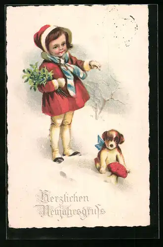 AK Mädchen mit Hundewelpen vor Pilz, Neujahr
