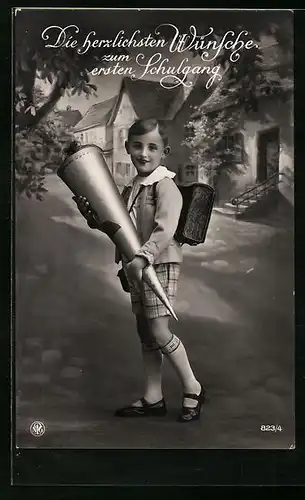 AK Knabe mit Ranzen zum Schulanfang