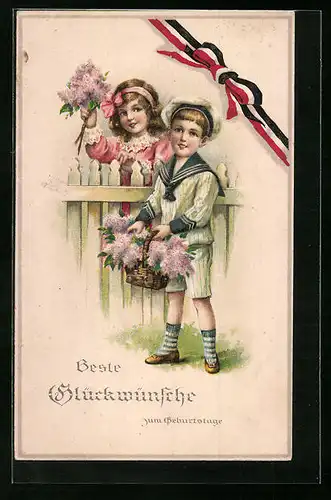 AK Kinder mit Flieder zum Geburtstag