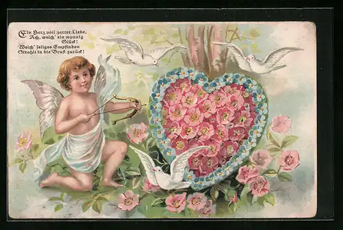 AK Amor neben Herz aus Blumen