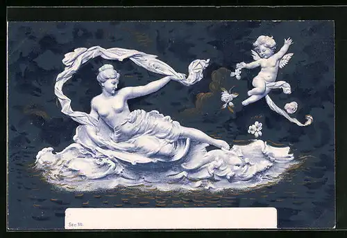 AK Amor und Venus in Muschel
