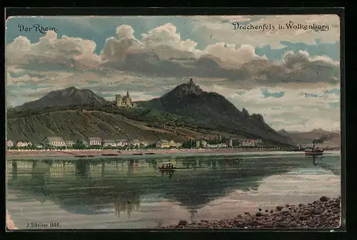 AK Drachenfels, Ortsansicht mit Wolkenburg und Rhein