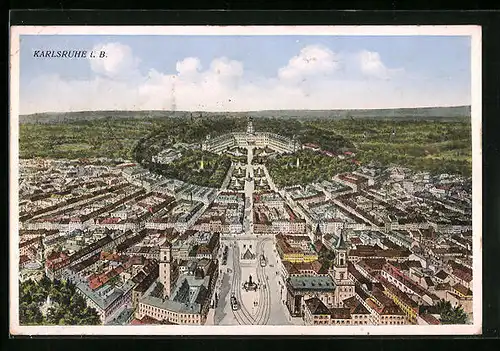 AK Karlsruhe i. B., Ortsansicht aus der Vogelschau