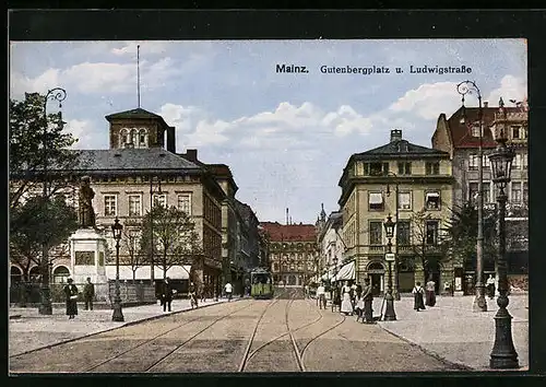 AK Mainz, Gutenbergplatz und Ludwigstrasse