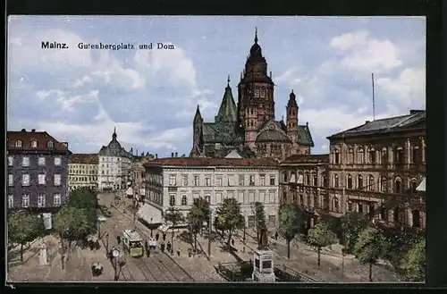 AK Mainz, Gutenbergplatz und Dom mit Strassenbahn
