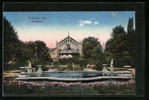 AK Freiburg i. Br., Stadtgarten mit Brunnen