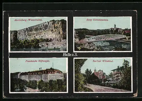 AK Halle a. S., Moritzburg Wasserseite, Burg Giebichenstein mit Brücke, Frankesche Stiftungen