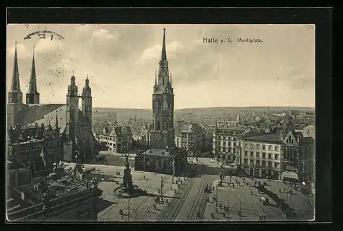AK Halle a. S., Marktplatz mit Geschäften, Kirche und Denkmal