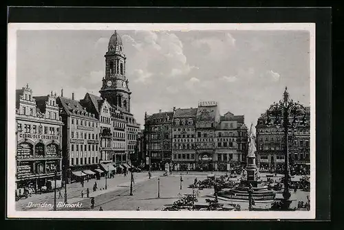 AK Dresden, Altmarkt mit Geschäften und Denkmal