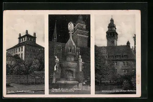 AK Zeitz, Schloss Moritzburg, Finkgräfe-Brunnen & Rathaus bei nächtlicher Beleuchtung, Rückansicht des Zeitzer Rathauses